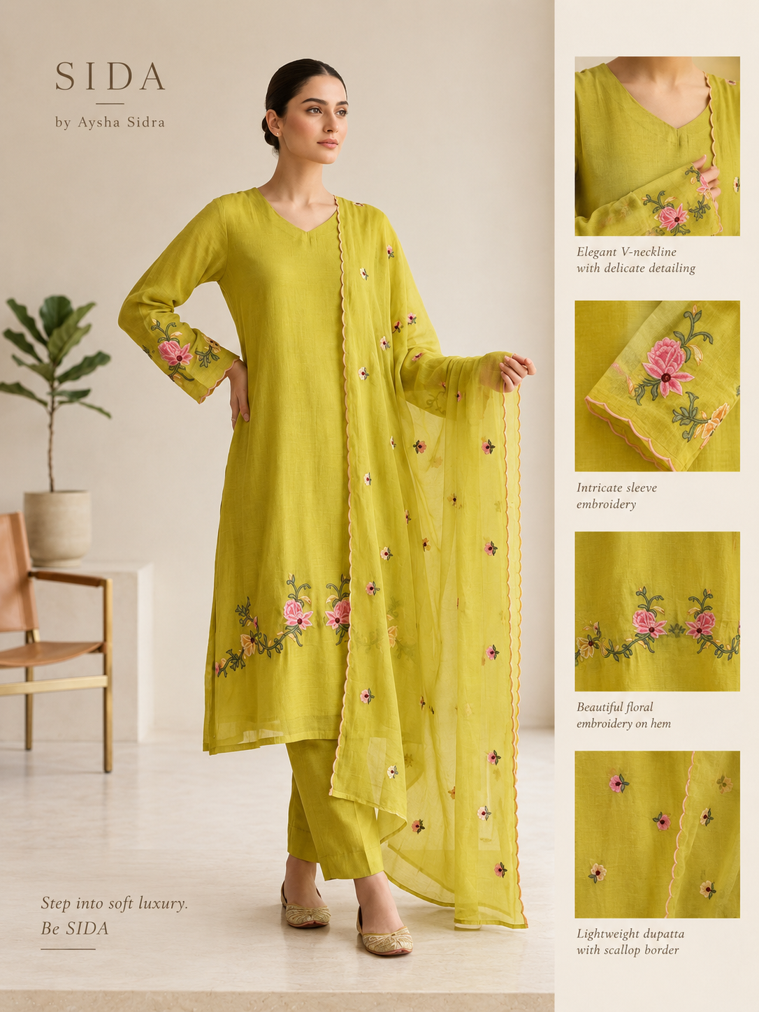 Soft Mul chanderi with embroidery floral details - Image 4